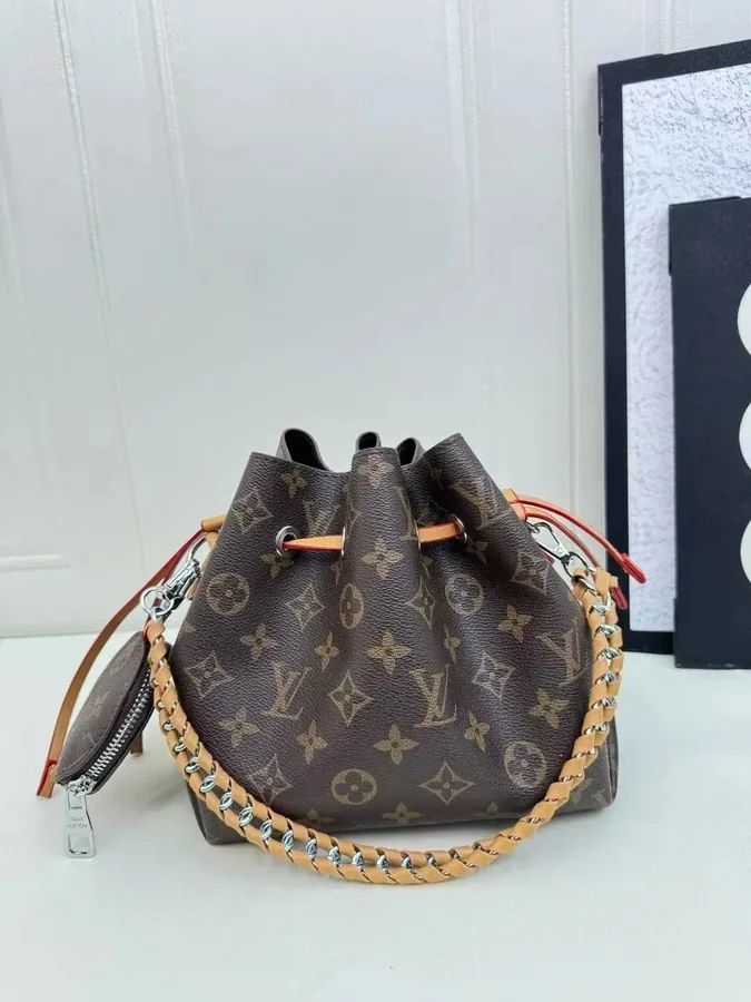 Louis Vuitton Neo Noé Bucket Bag Monogram Brown with Braided Strap — listing photograph