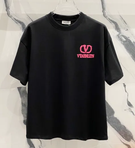 Valentino VLogo Embroidered Black T-Shirt with Pink Logo — listing photograph