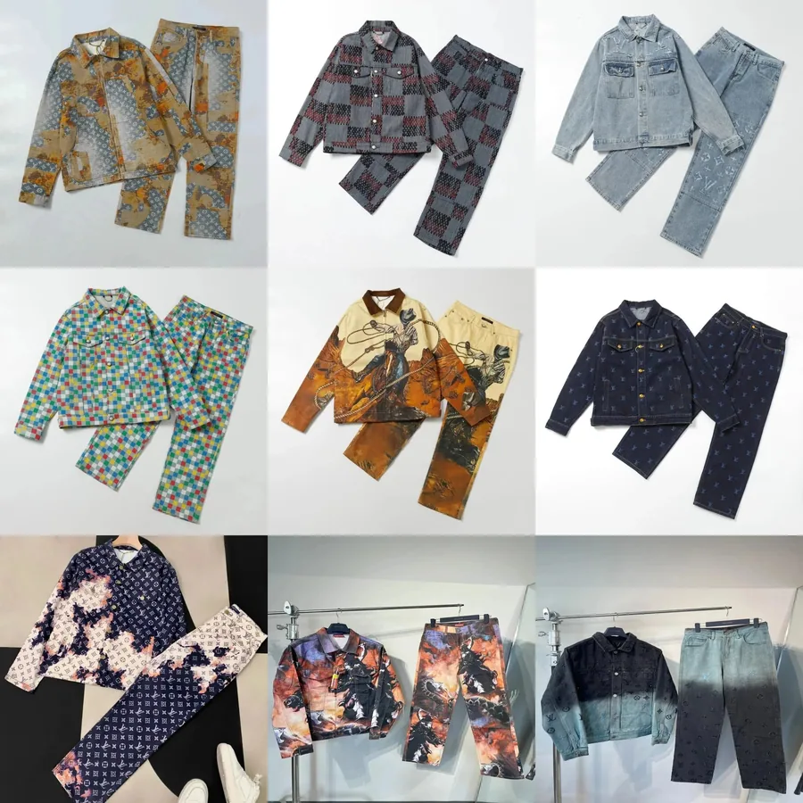 Louis Vuitton Monogram Denim Jacket and Pants Set - Distressed Orange Print — listing photograph