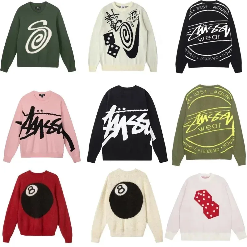 Stussy 8-Ball Graphic Knit Sweater - Red Black Contrast — listing photograph