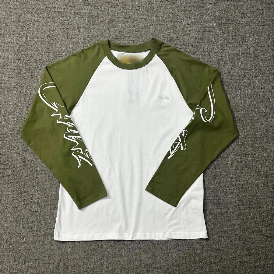 Cavalli Raglan Long Sleeve Tee - Olive Green and White with Script Logo — listing photograph