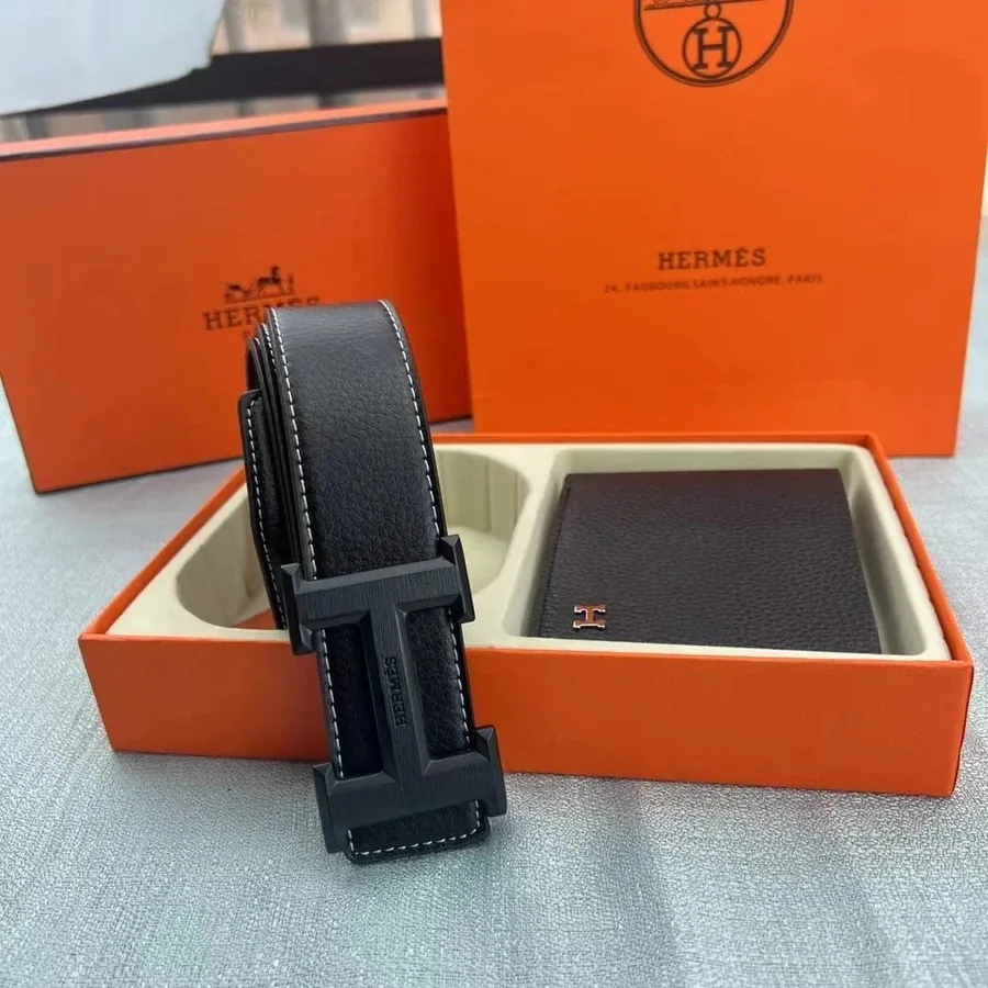 Hermès H Buckle Belt Black Leather with White Stitching — listing photograph