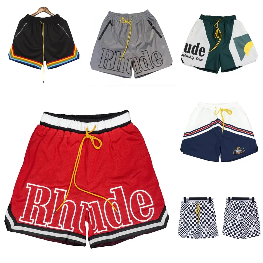 Rhude Mesh Basketball Shorts - Red with White Logo and Yellow Drawstring — listing photograph