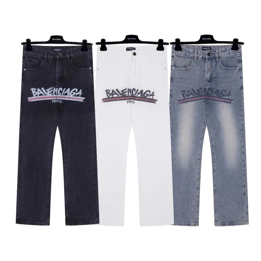 Balenciaga Paris Logo Print Denim Jeans - Black White Light Blue — listing photograph