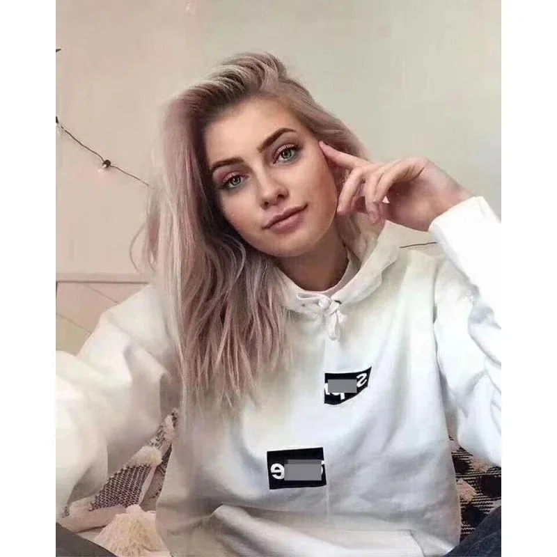 Supreme White Hoodie with Black Box Logo Patch Design — listing photograph