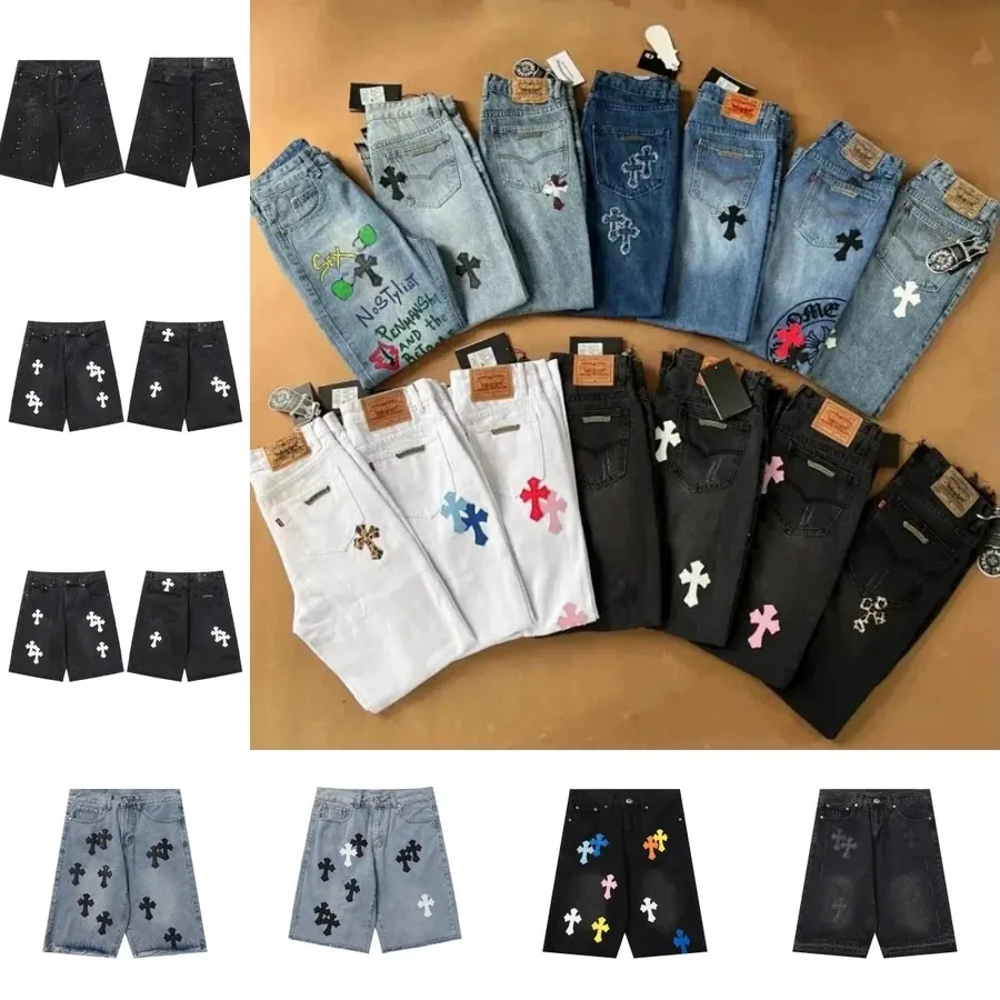 Chrome Hearts Cross-Embroidered Denim Shorts - Black/White/Blue — listing photograph