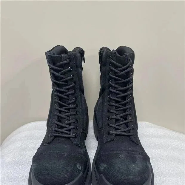 Black Canvas Combat Boots with Side Zip and Lace-Up Closure — listing photograph