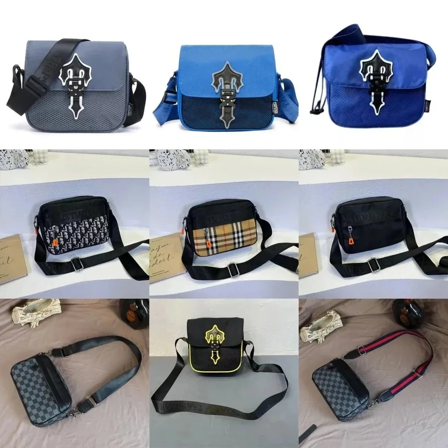 Tristan Trident Logo Crossbody Bag - Navy Blue Mesh with Black Accent — listing photograph