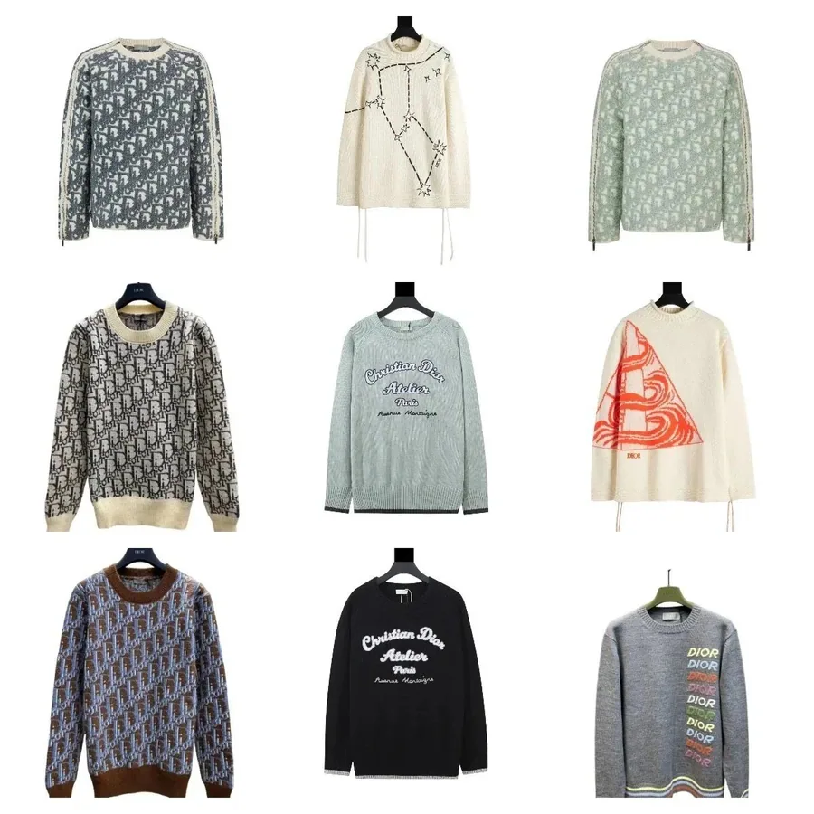 Dior Oblique Pattern Crewneck Sweater Gray-Beige Jacquard Knit — listing photograph