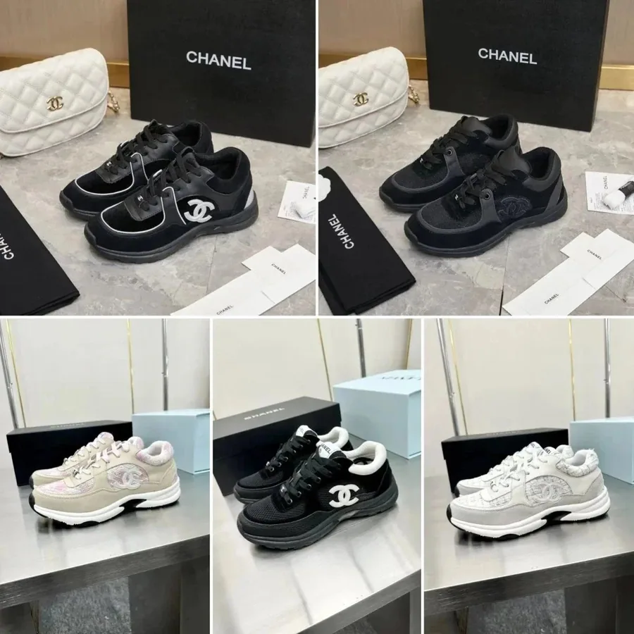 Chanel CC Logo Sneakers Black Velvet Mesh Chunky Sole — listing photograph