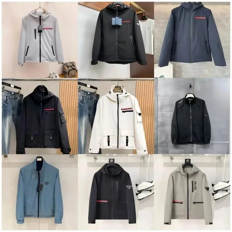 Prada Re-Nylon Hooded Jacket with Red Stripe Detail - Light Gray — listing photograph