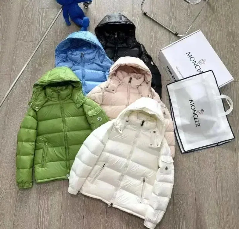 Moncler Maya Short Puffer Jacket in White with Hood and Zippered Pockets — listing photograph