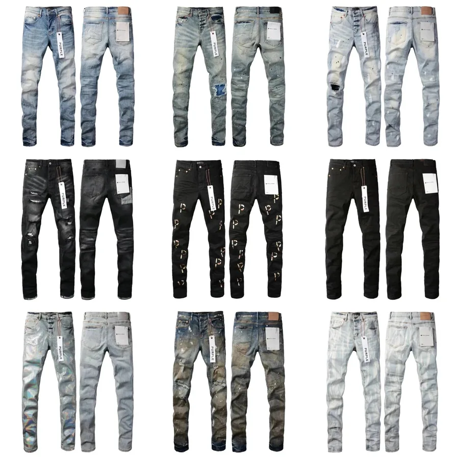 Purple Distressed Slim Fit Jeans with Paint Splatter and Holographic Detail — listing photograph