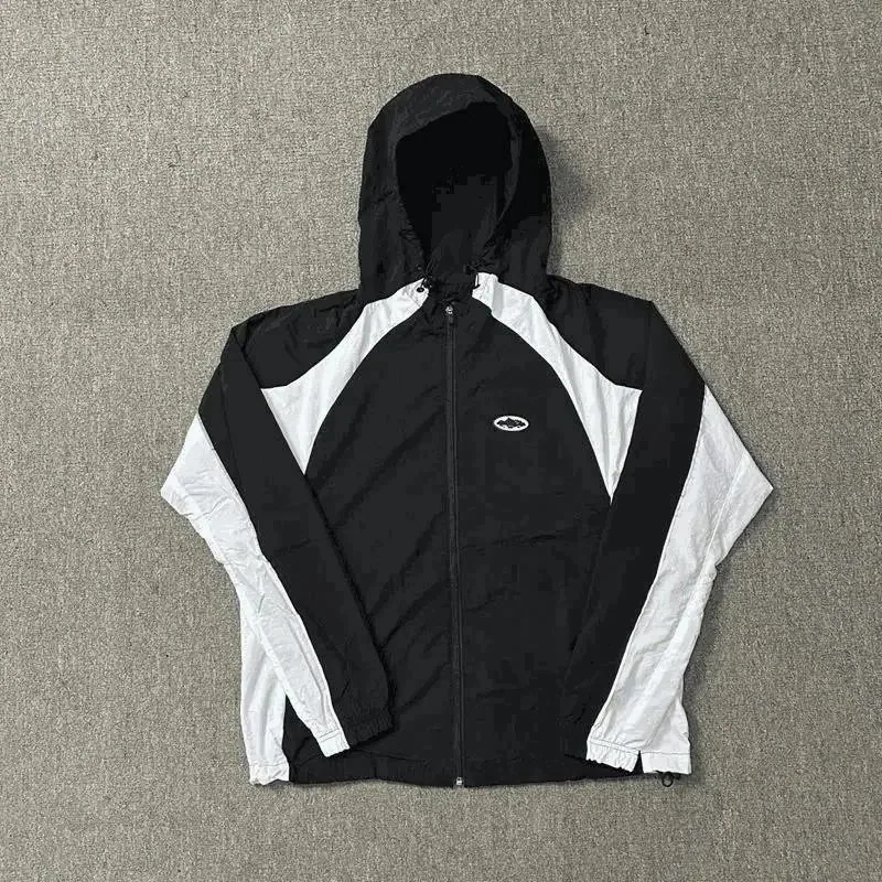 Black-White Panelled Hooded Windbreaker Jacket with Logo — listing photograph