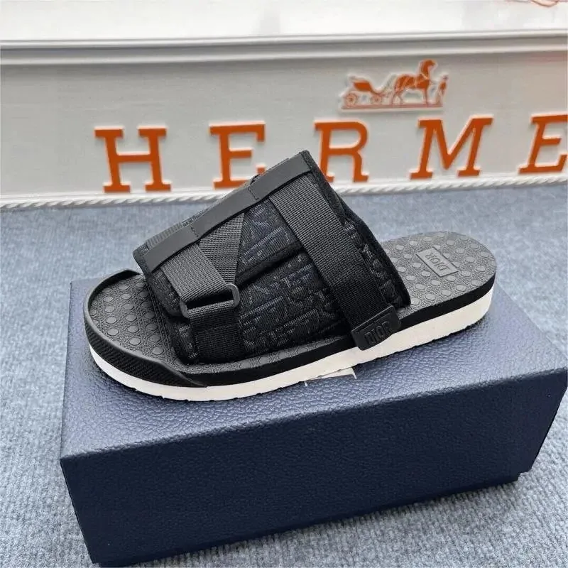 Dior B23 Black Oblique Print Slide Sandal with Webbing Strap — listing photograph