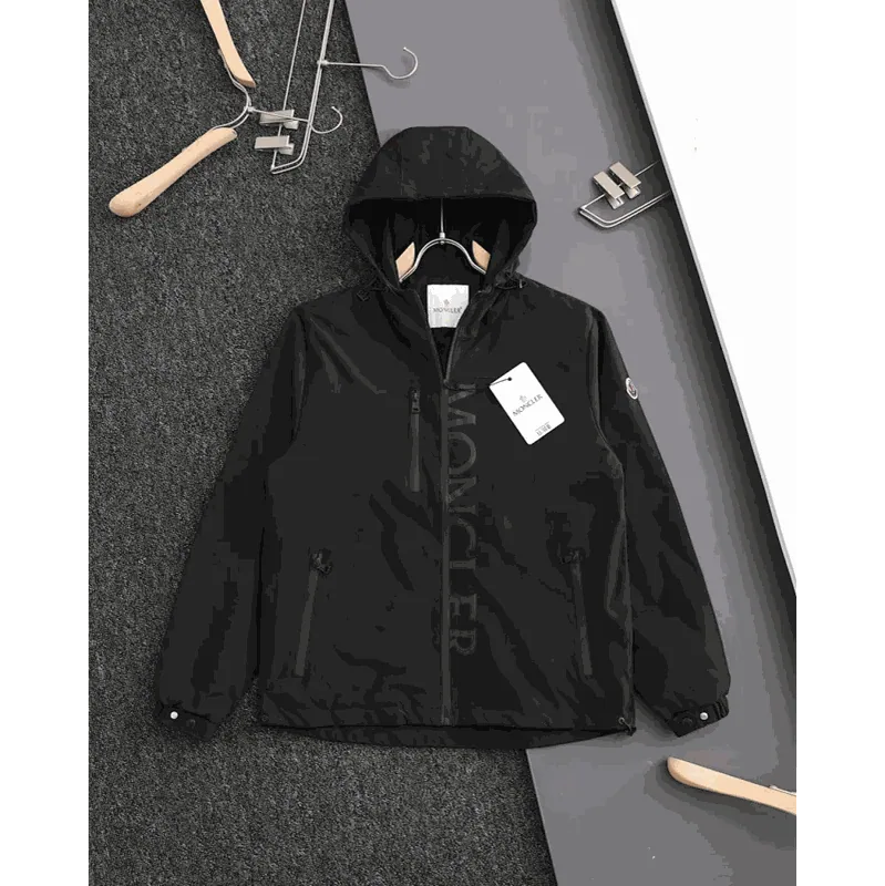Moncler Black Hooded Windbreaker Jacket with Logo Print — listing photograph