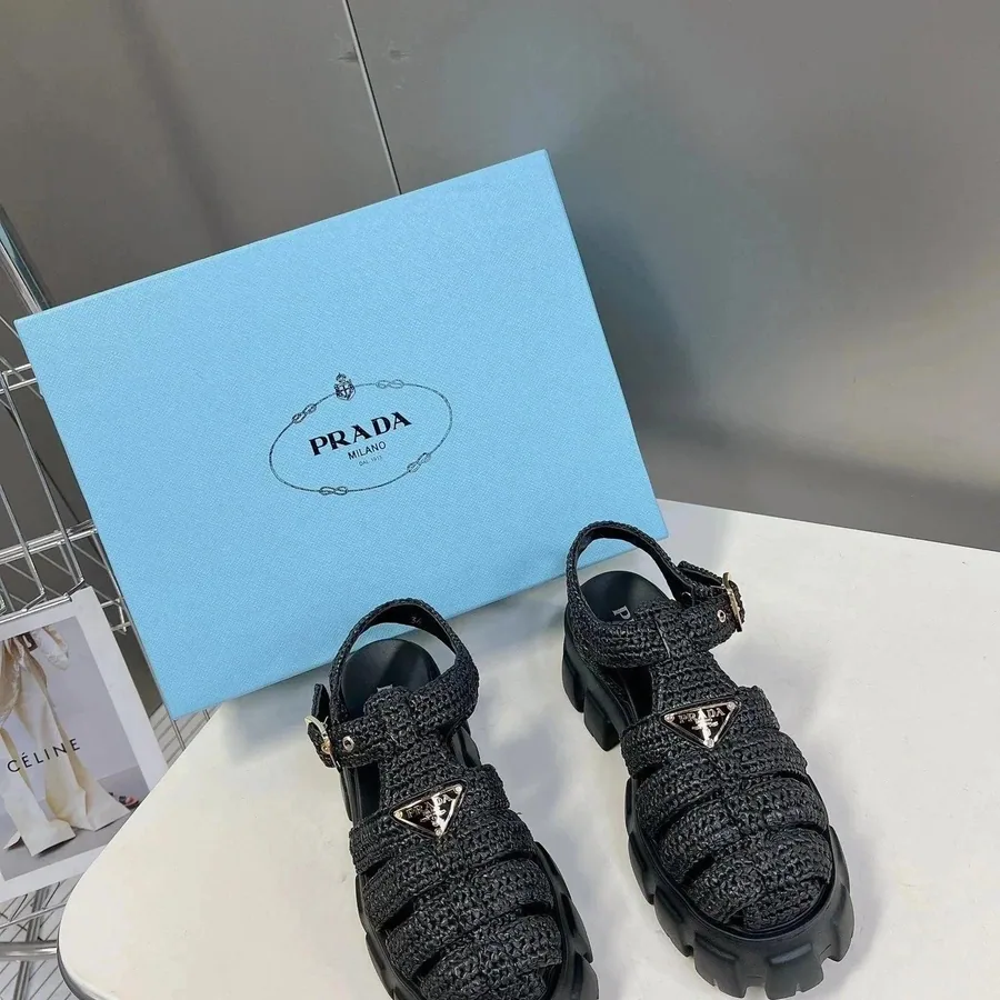 Prada Black Woven Leather Chunky Sandals with Triangle Logo — listing photograph
