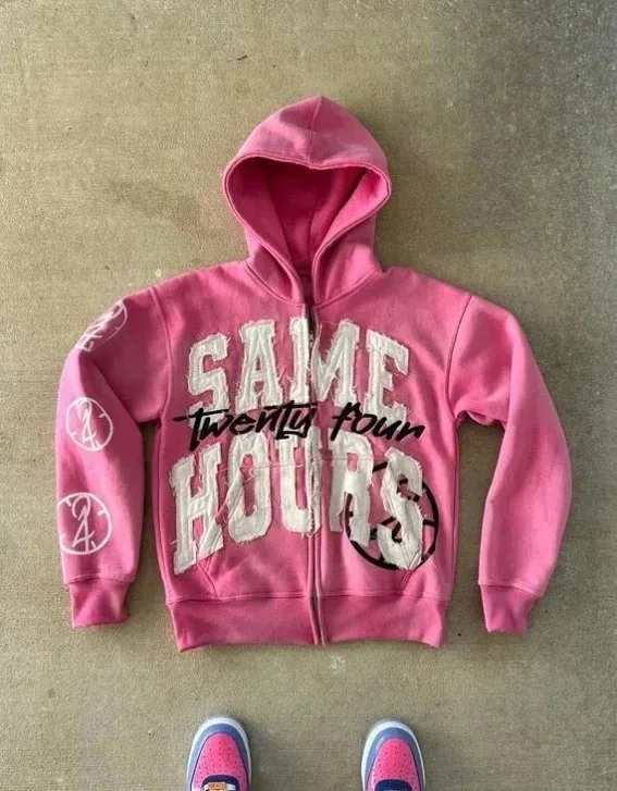 Same Twenty Four Pink Distressed Graphic Hoodie with Sleeve Logos — listing photograph