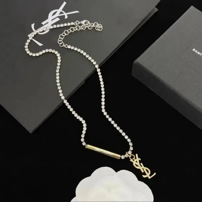 Saint Laurent Monogram YSL Crystal Chain Necklace Gold — listing photograph