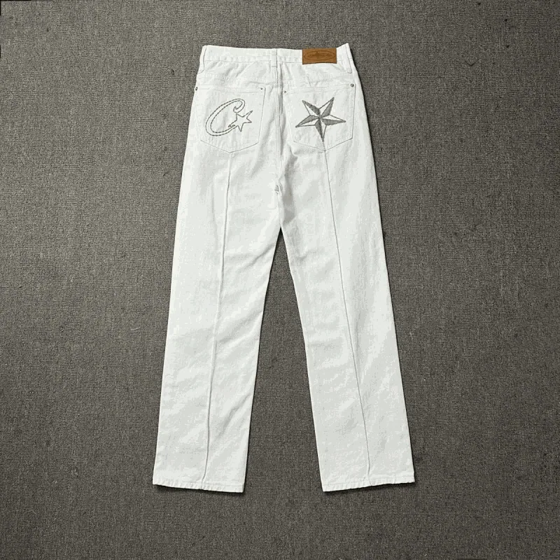 Cav Empt White Denim Pants with Embroidered Star and C Logo — listing photograph