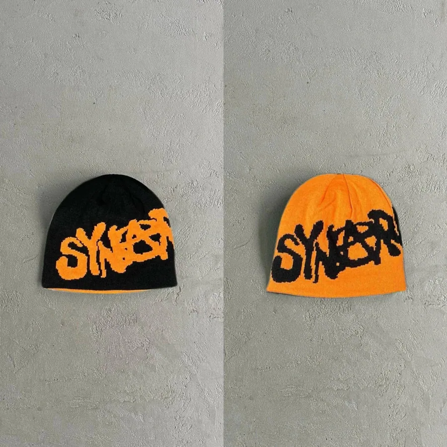 SYNERGY Reversible Knit Beanie - Black/Orange Graffiti Logo — listing photograph