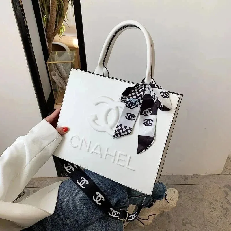 Chanel White Leather Tote Bag with CC Logo and Silk Scarf Detail — listing photograph