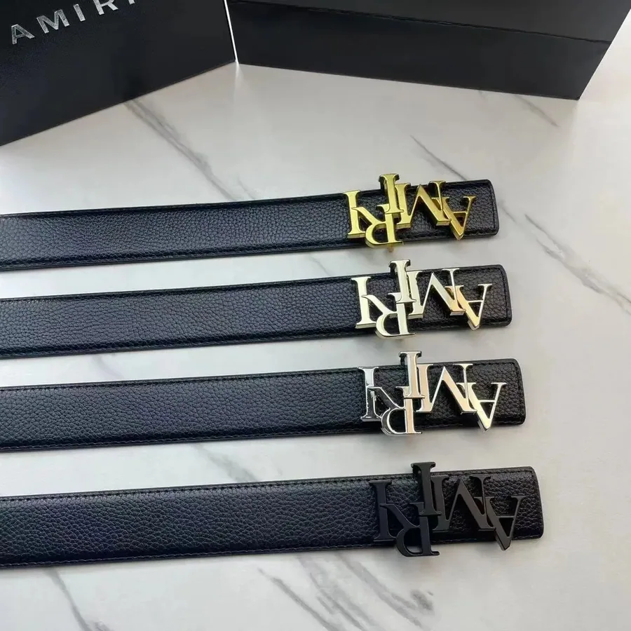 Amiri Logo Buckle Leather Belt - Black Pebbled with Gold/Silver/Black Hardware — listing photograph
