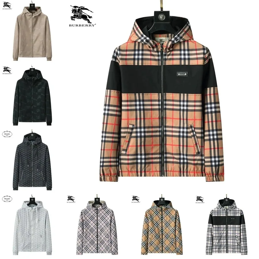 Burberry Iconic Check Hooded Windbreaker Jacket - Beige Black Red — listing photograph