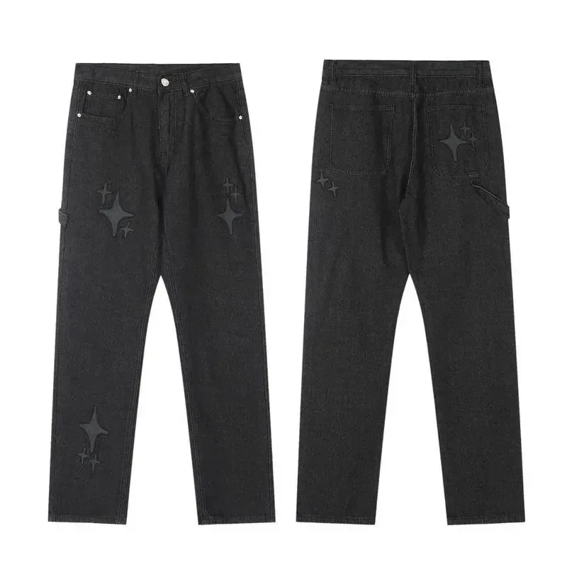 Black Star-Embroidered Distressed Jeans - Premium Wash — listing photograph