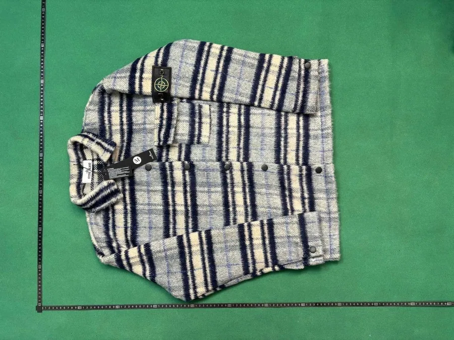 Stone Island Wool-Blend Plaid Shirt Jacket Navy-Cream Striped — listing photograph