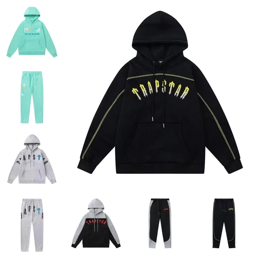 Trapstar Gothic Arch Hoodie Black with Neon Yellow Logo and Olive Trim — listing photograph