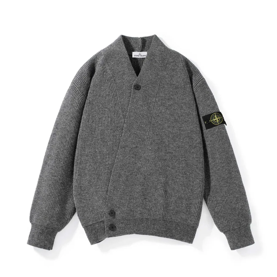 Stone Island Grey Ribbed V-Neck Cardigan with Badge Patch — listing photograph