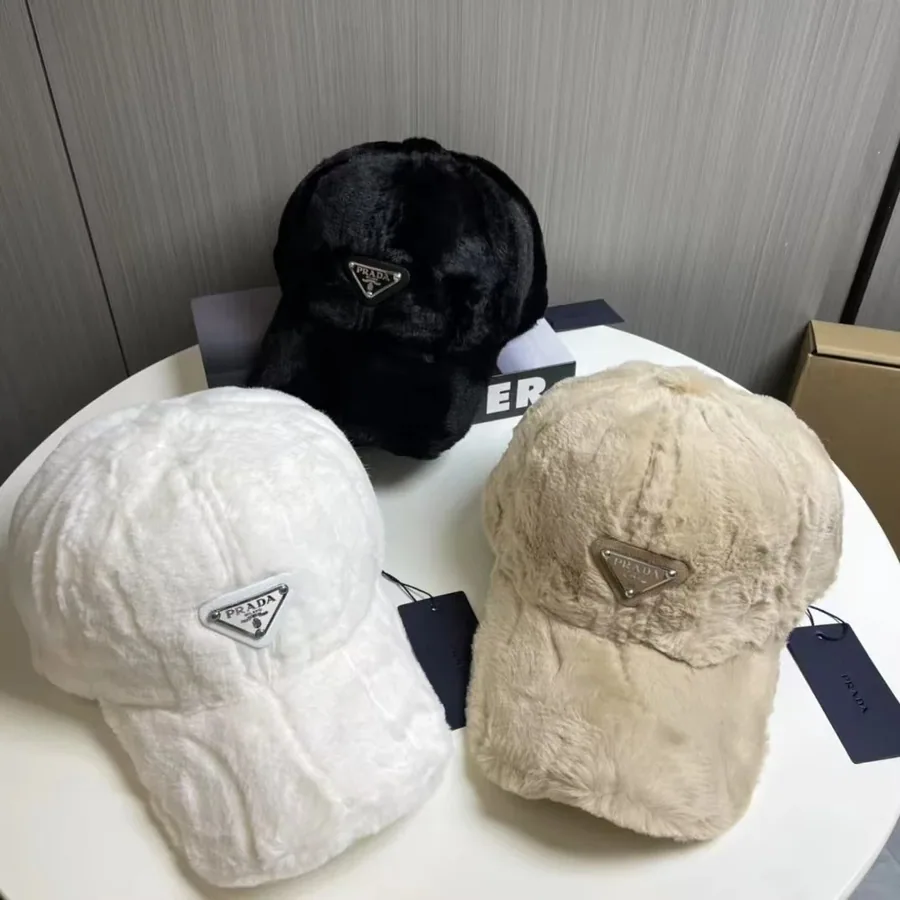 Prada Faux Fur Baseball Cap with Triangle Logo - White/Black/Beige — listing photograph