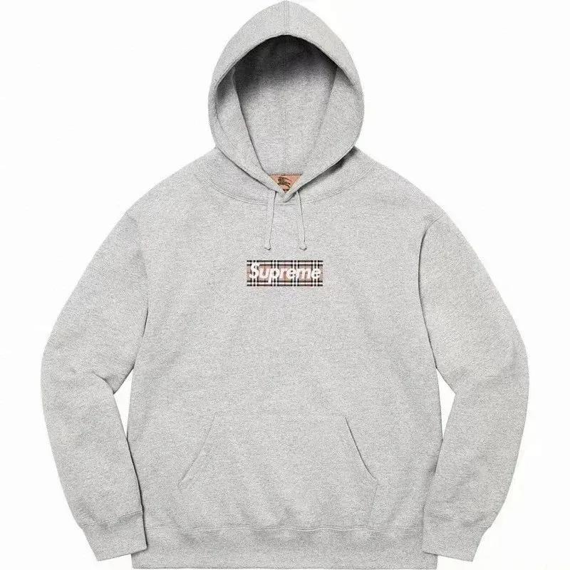Supreme Burberry Check Box Logo Hooded Sweatshirt Gray — listing photograph