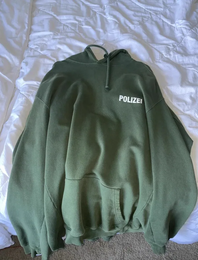 Olive Green Polizei Hoodie with White Bold Lettering — listing photograph