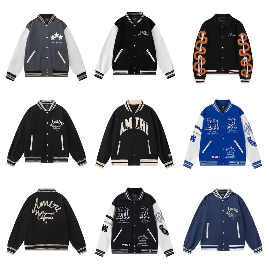 Amiri Varsity Jacket Black with Orange Chain Sleeve Embroidery — listing photograph