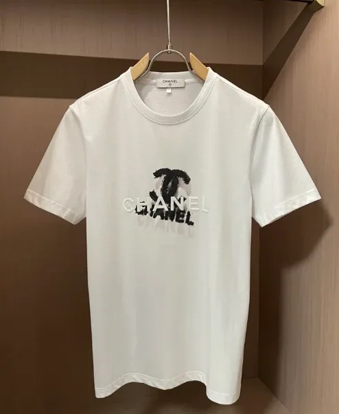 Chanel White Cotton T-Shirt with Black CC Logo Embroidery — listing photograph